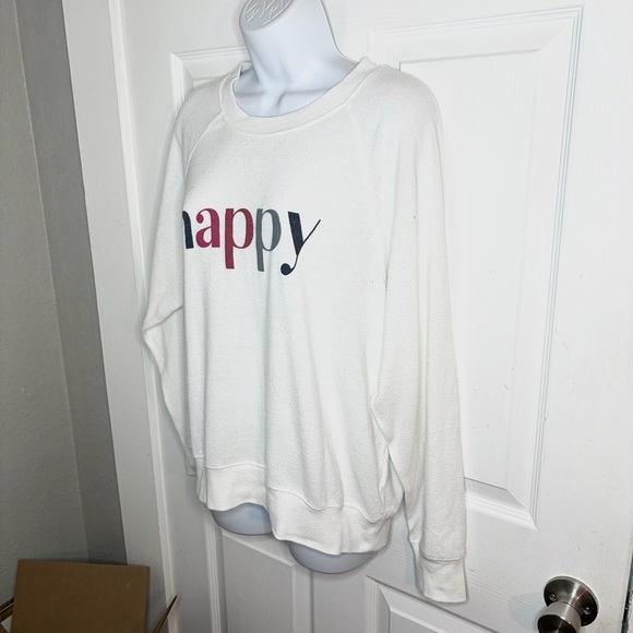 Z Supply Happy Graphic Print Sweatshirt Ivory White Crew Neck Lightweight M - Picture 6 of 11